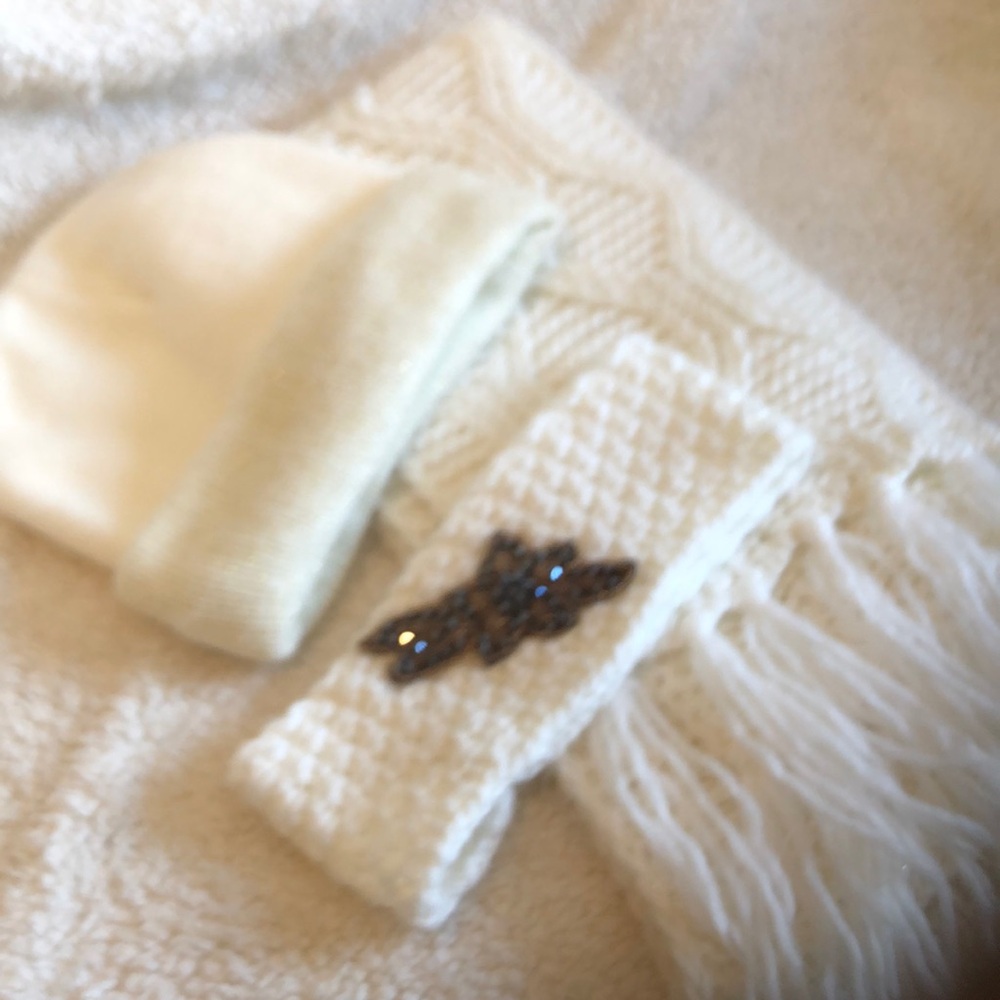 Scarf set includes hat and headband with embellished flower